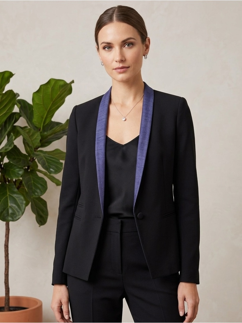 Bailey 44 Black Blazer with Blue Trim Shawl Collar